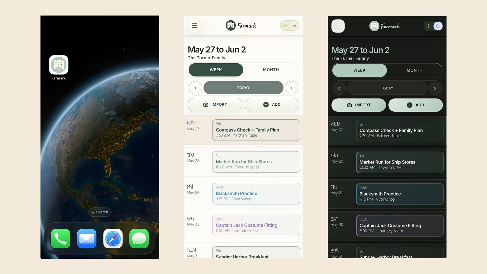 Farmark family calendar shown on phone screens in light and dark mode