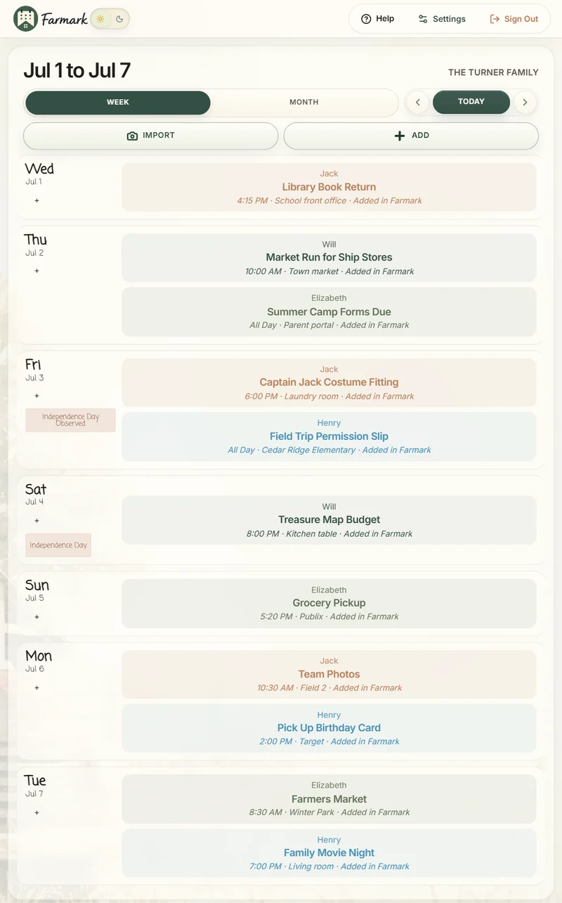 Farmark week view with color-coded events for each family member